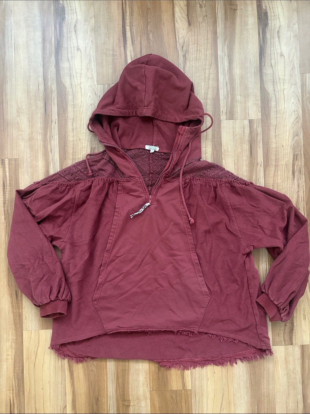 gimmicks by BKE Burgundy Hooded Pullover with Crochet Yoke